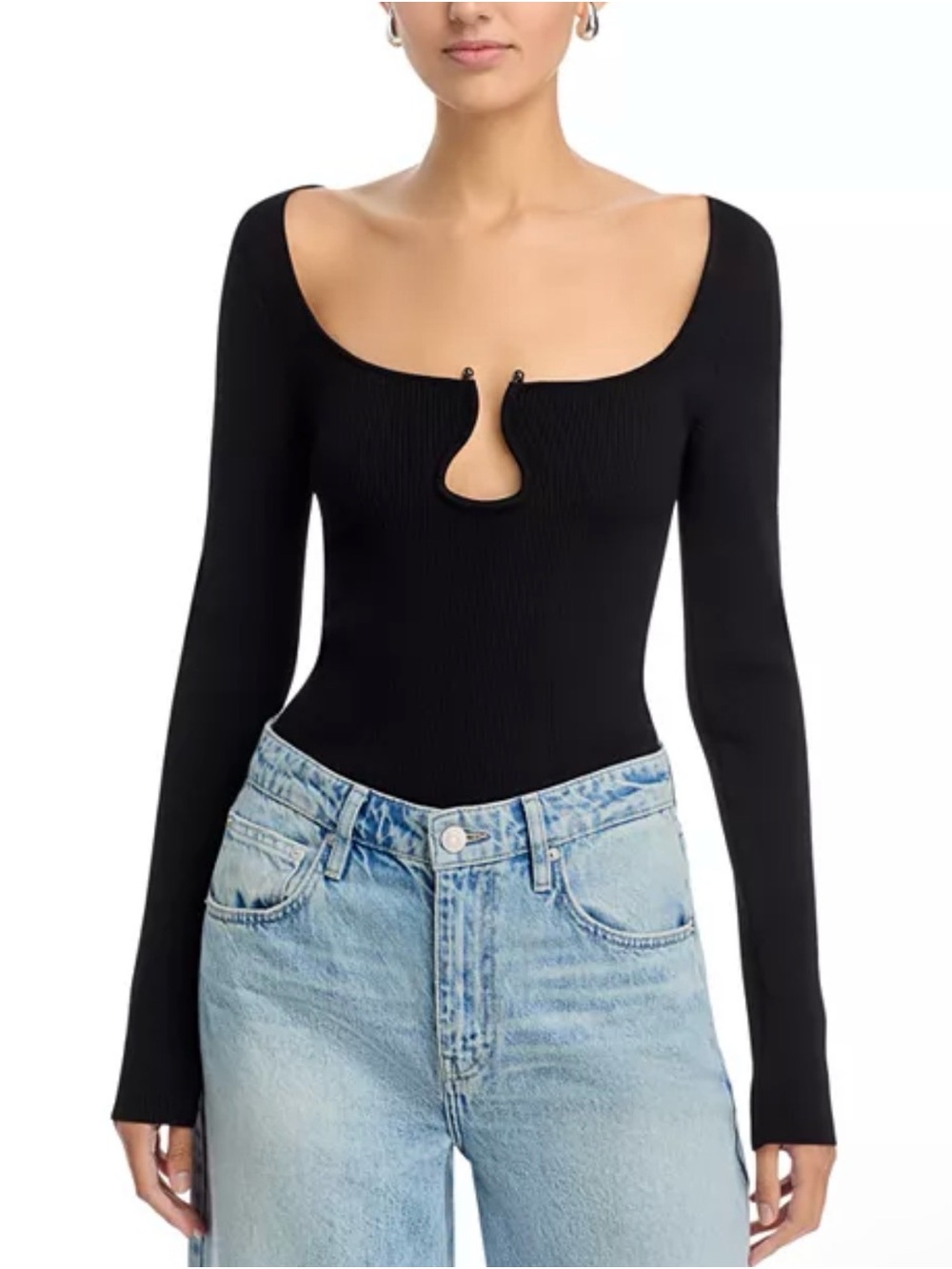 Ramy Brook Black Long-Sleeve Scoop Neck Bodysuit with Keyhole